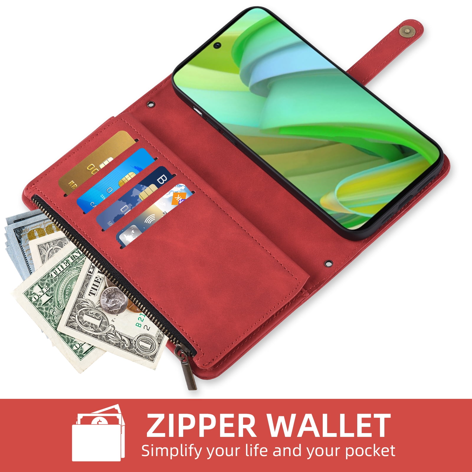 Asuwish Phone Case for Motorola Moto G Power 5G 2023 Wallet Cover With Tempered Glass Screen Protector Crossbody Wrist Strap Flip Pattern Zipper Credit Card Holder Stand Cell GPower G5 Women Men Red