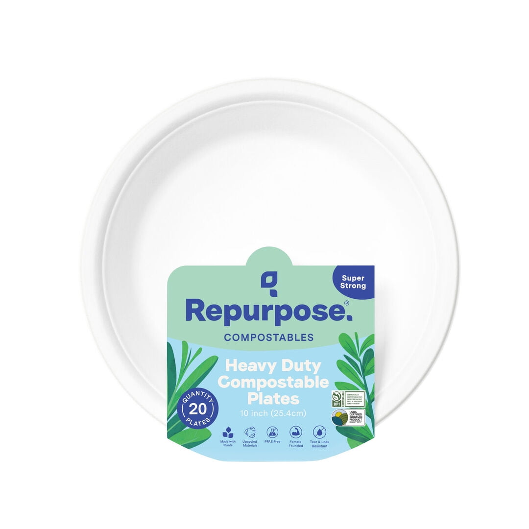 Repurpose Certified Compostable Dinner Plate, 10 in, 20 Count, Durable, Plant-Based, No PFAS Added, White, Disposable Plates