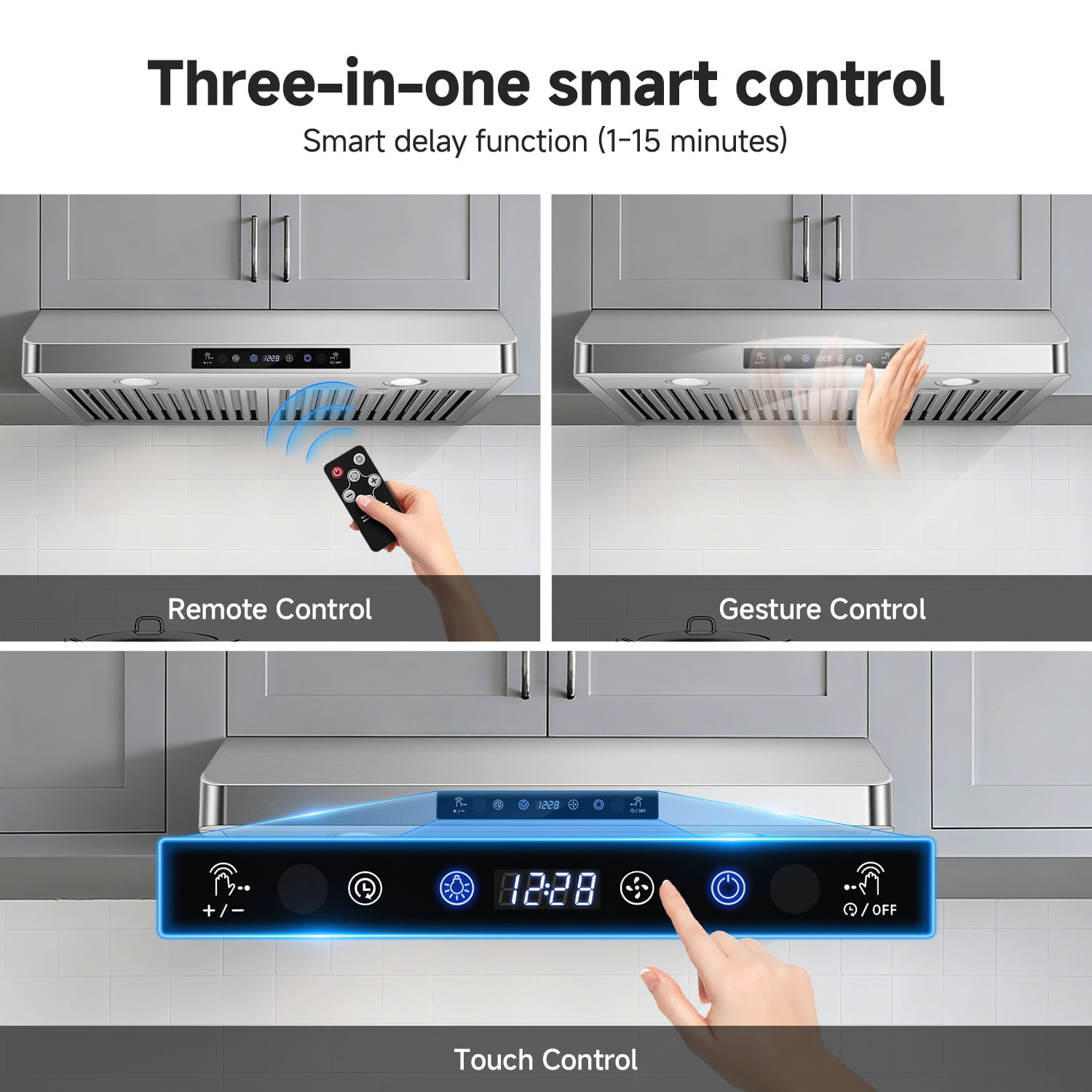 Aobosi 30" Under Cabinet Range Hood, 1050 CFM Dual Fans Motor Stainless Steel Vent Hood, 3-Speed with Touch & Remote Control, LED Lights, Dishwasher-Safe Filters
