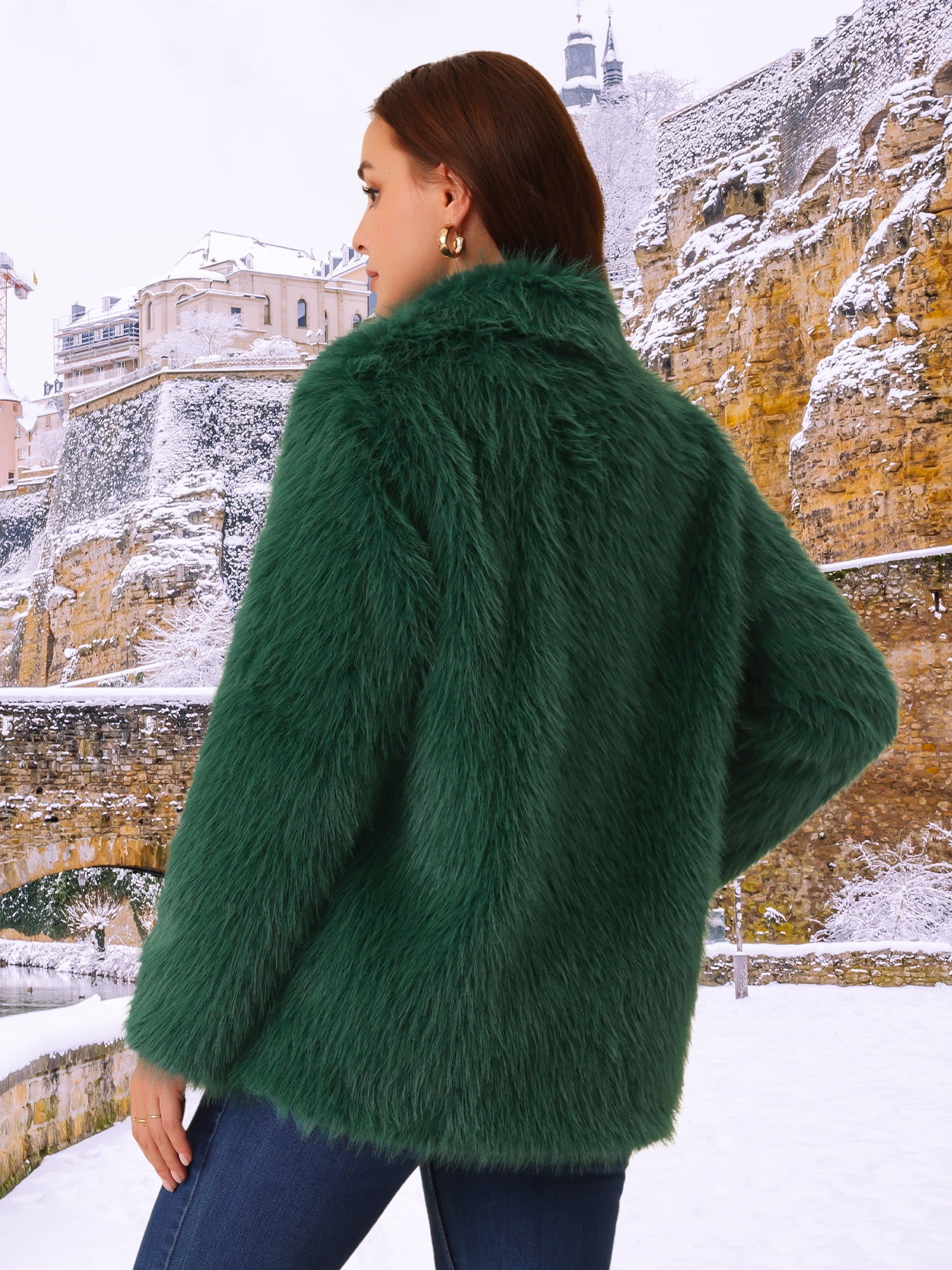 DARING DIVA Women's Faux Fur Coat Long Sleeve Lapel Shaggy Jackets with Pockets S Dark Green