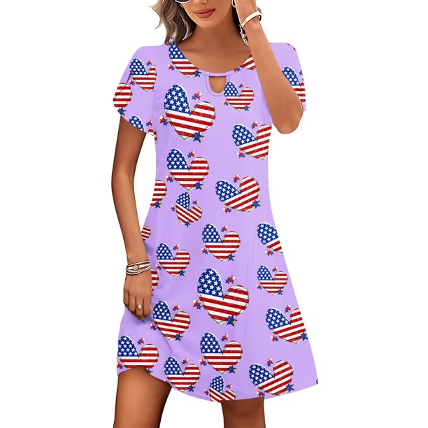 Puntoco Vestido De Chaleco De Manga Corta Estampado De Verano Suelto Casual Para Mujer Vestido De Cuello Redondo De Manga Corta Púrpura S,Regalos Para Mujer Joven