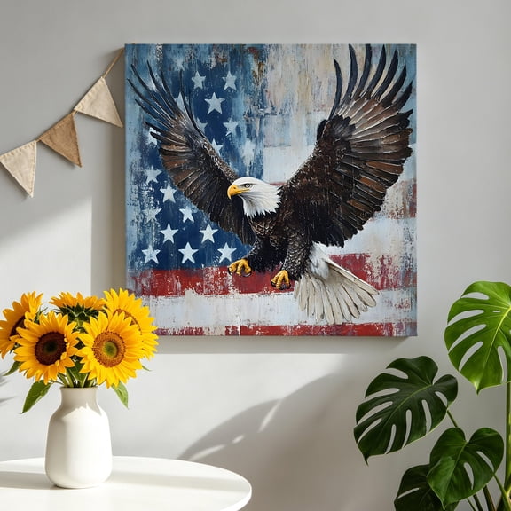 Patriotic Bald Eagle Canvas Wall Art Framed Wall Decor for Living Room Bedroom Bathroom, Retro American Flag Independence Day Canvas Pictures Ready to Hang Decor, 8"x8"