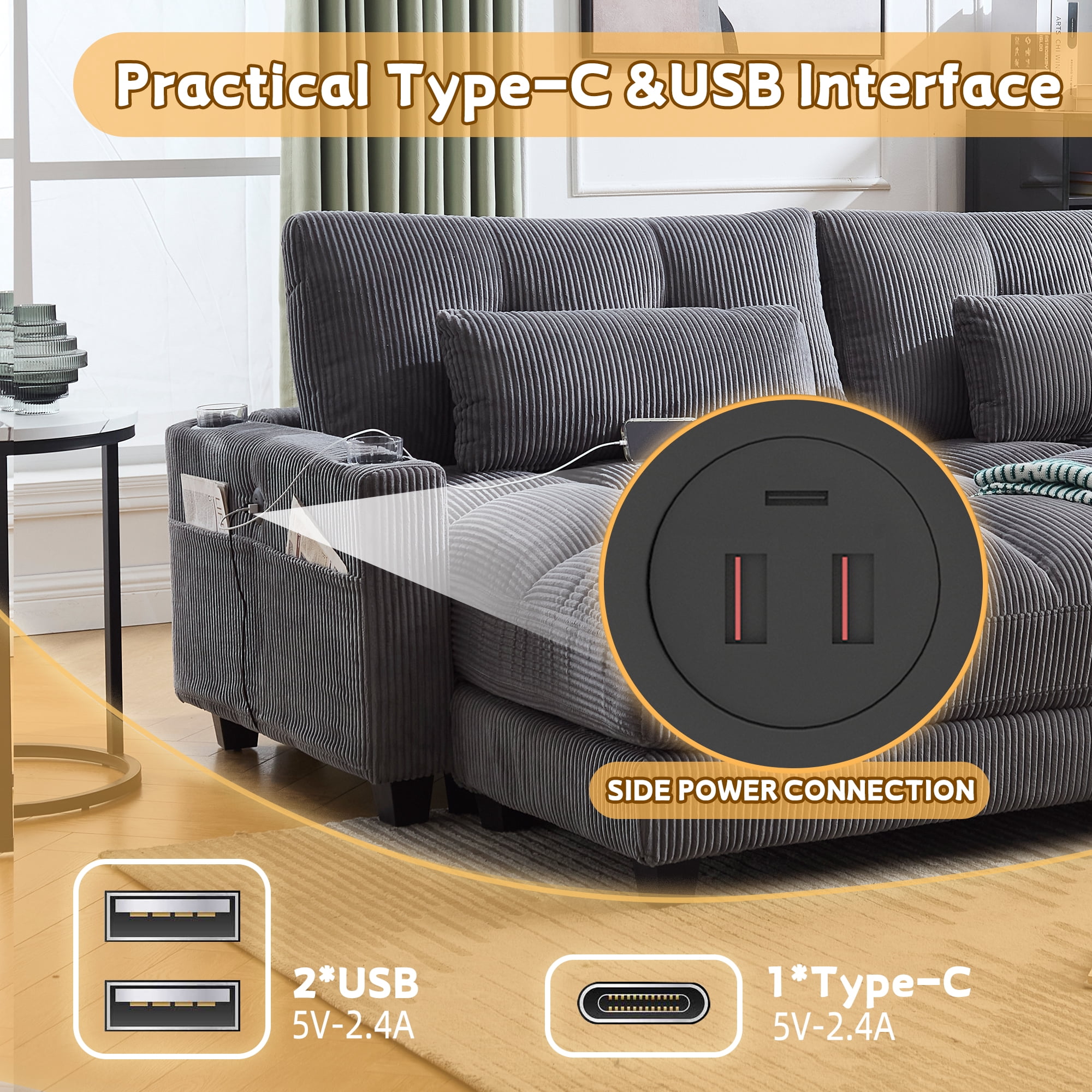 MOONMISS Corduroy Upholstered Soft Deep Seat Sofa with USB,Type-C&2 Cup Holders-Gray