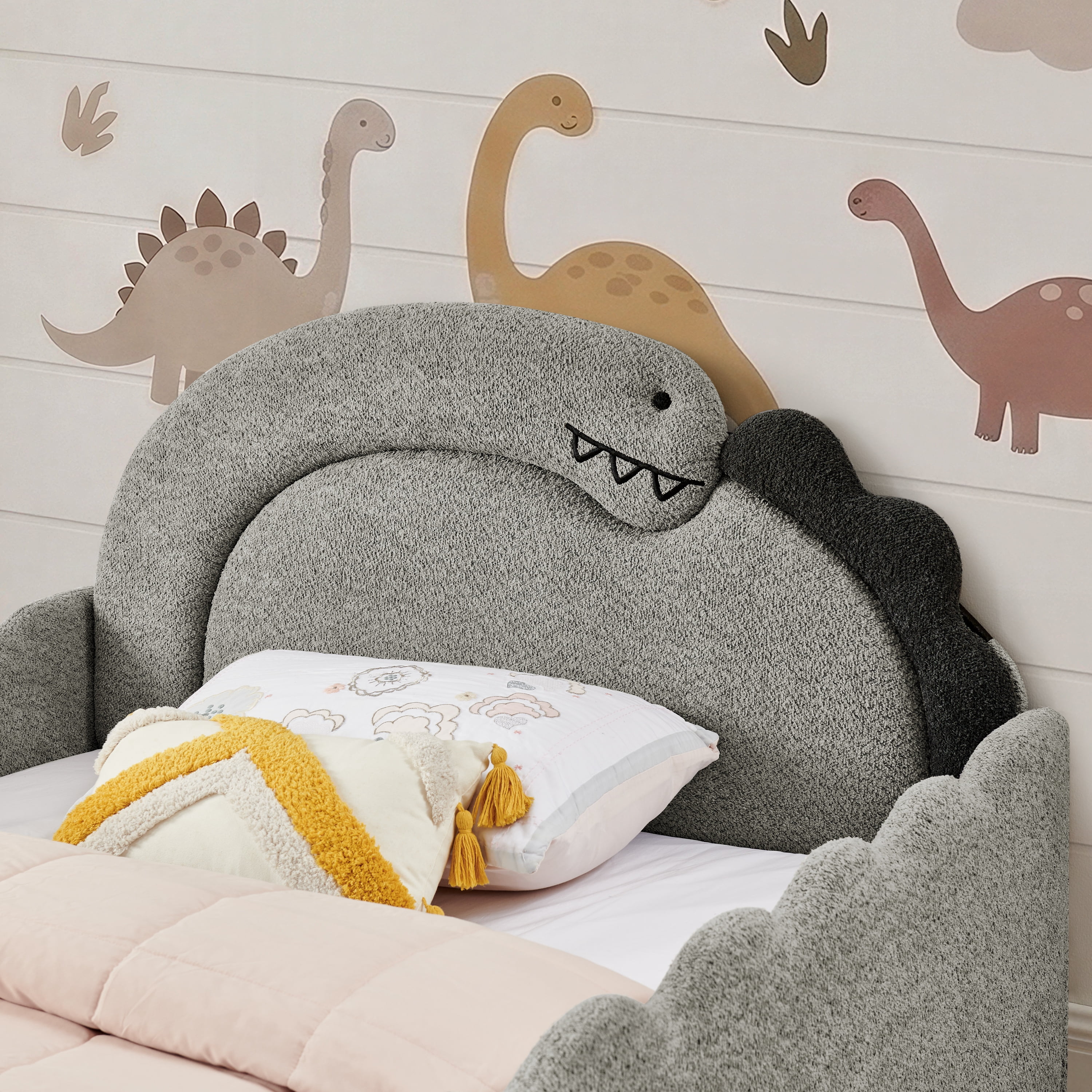 Avobird Full Size Cute Dinosaur-Shaped Kids Bed with Safety Guardraild, Solid Wood Toddler Bed Frame for Children for Bedroom, Boucle Fabric, Gray
