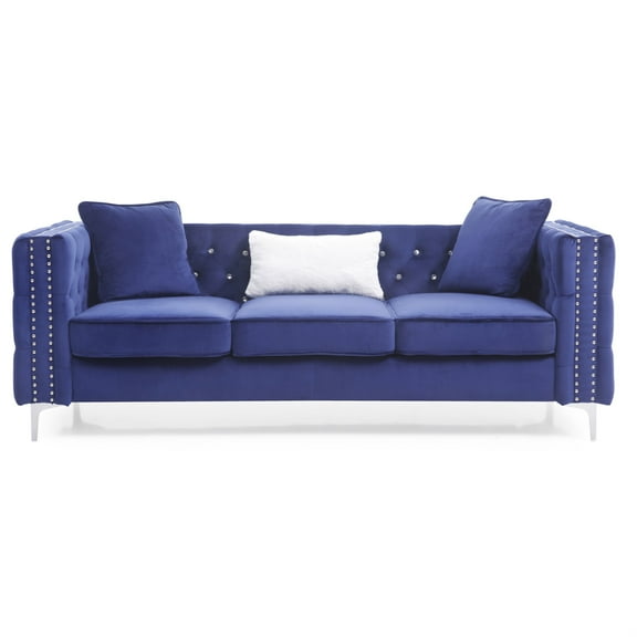 Passion Furniture Paige 86 in. Blue Tufted Velvet 3-Seater Sofa with 2-Throw Pillow