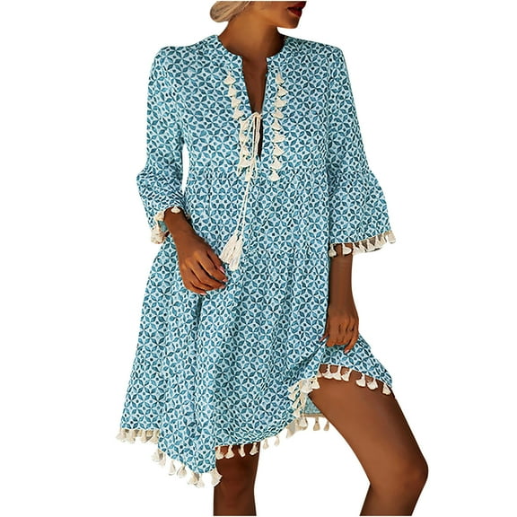 Pntutb Best Dresses For Women Summer Casual Print V Neck Short Sleeve Loose Dress