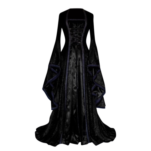 Kcodviy Robe pour Femme Style Rétro Robe Gothique Grande Taille Femme Couleur Unie Manches Trompette Robes Gothiques pour Femmes Robe Longue