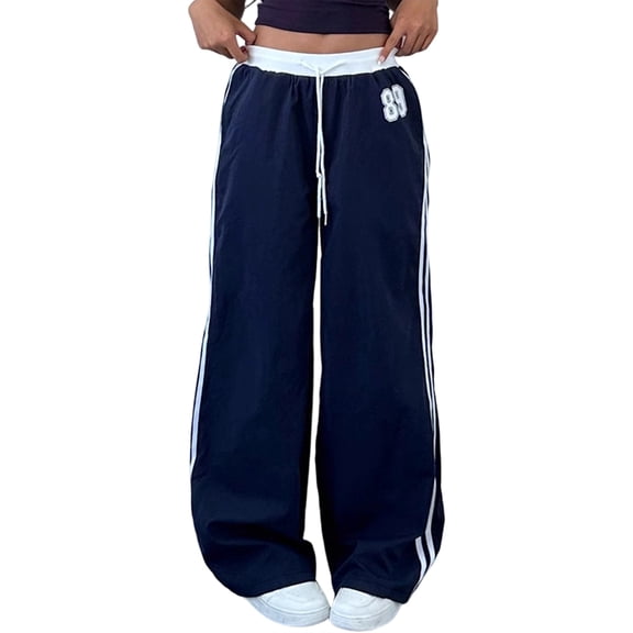 Womens Side Striped Pant Baggy Wide Leg Sweatpants Elastic Waisted Contrast Stripe Loose Fit Trousers Navy Blue XL