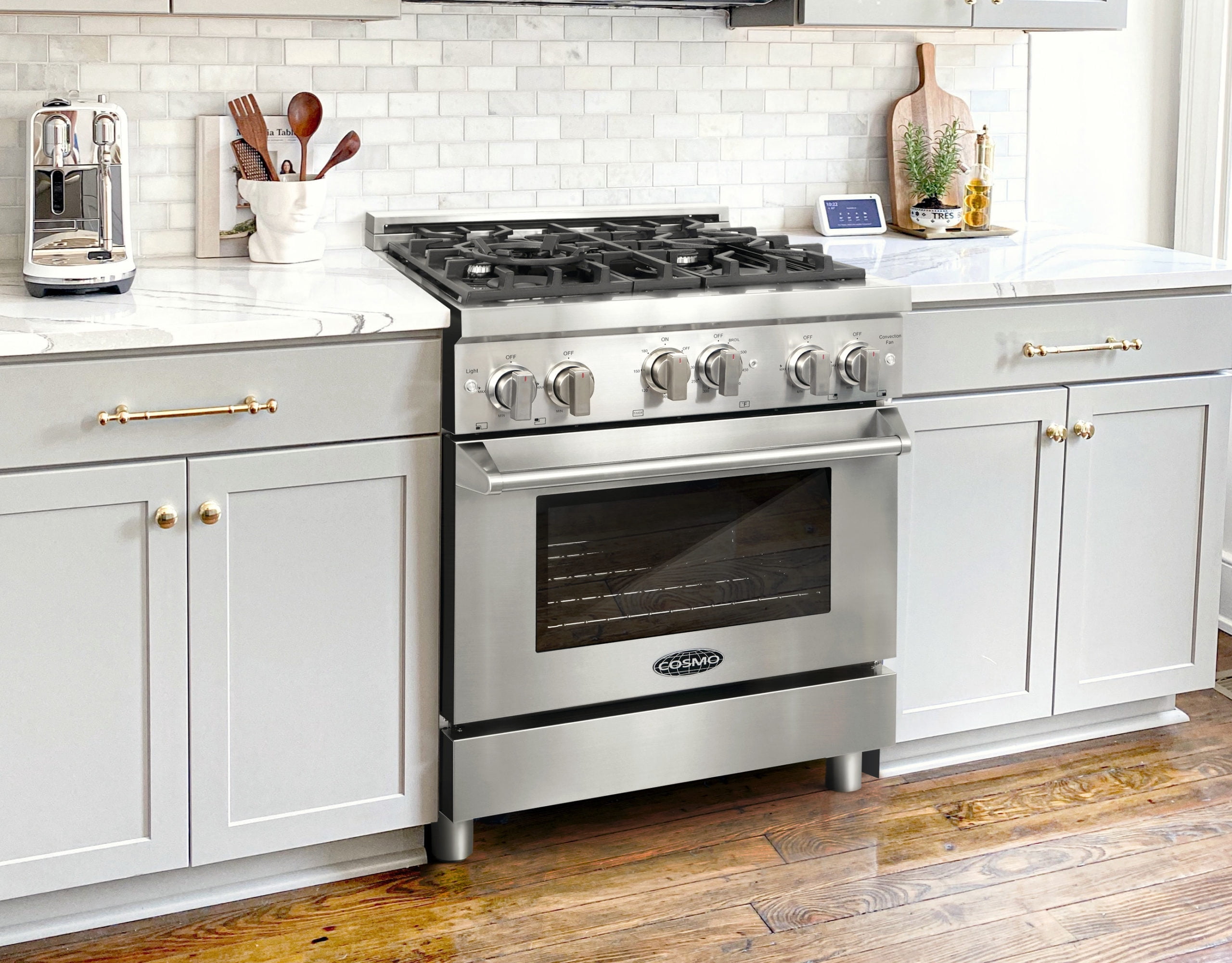 Cosmo 5 Piece Kitchen Appliance Package with 30" Freestanding Gas Range 30" Island Range Hood 24" Built-in Fully Integrated Dishwasher French Door Refrigerator & 48 Bottle Wine Refrigerator