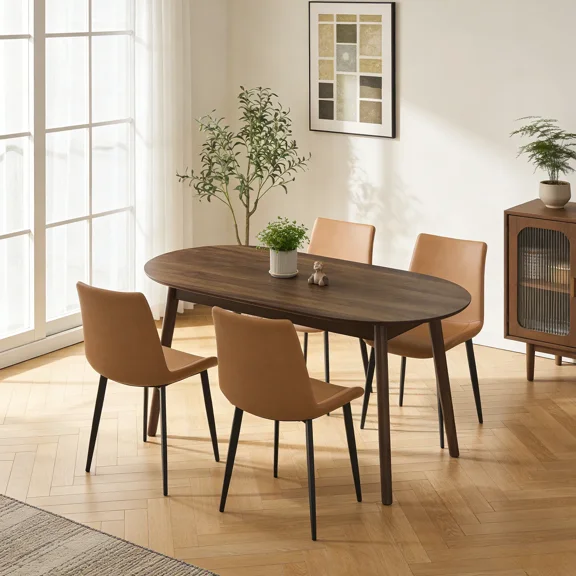 63.2 Inch Dining Table Set For 4,Modern Wood Dining Table,Leather Dining Chairs Set Of 4,For Kitchen Dining Room Walnut Table & 4 Brown Chairs