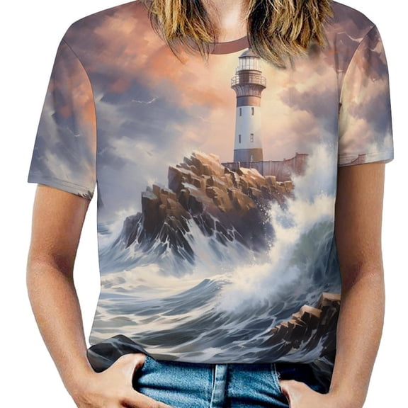 Lighthouse Sunrise Coast Scenery Pale Blue Tan Women's Short Sleeve T-Shirt Crew Neck Casual Summer Trendy Loose Fit Tops