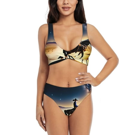 Zeuib Azure Sky Western Desert Cowboy High Waisted Tummy Control Bikini Set - Knot Front Push Up Top & Cheeky Thong Bottom  Two-Piece Swimsuit for Women-Large