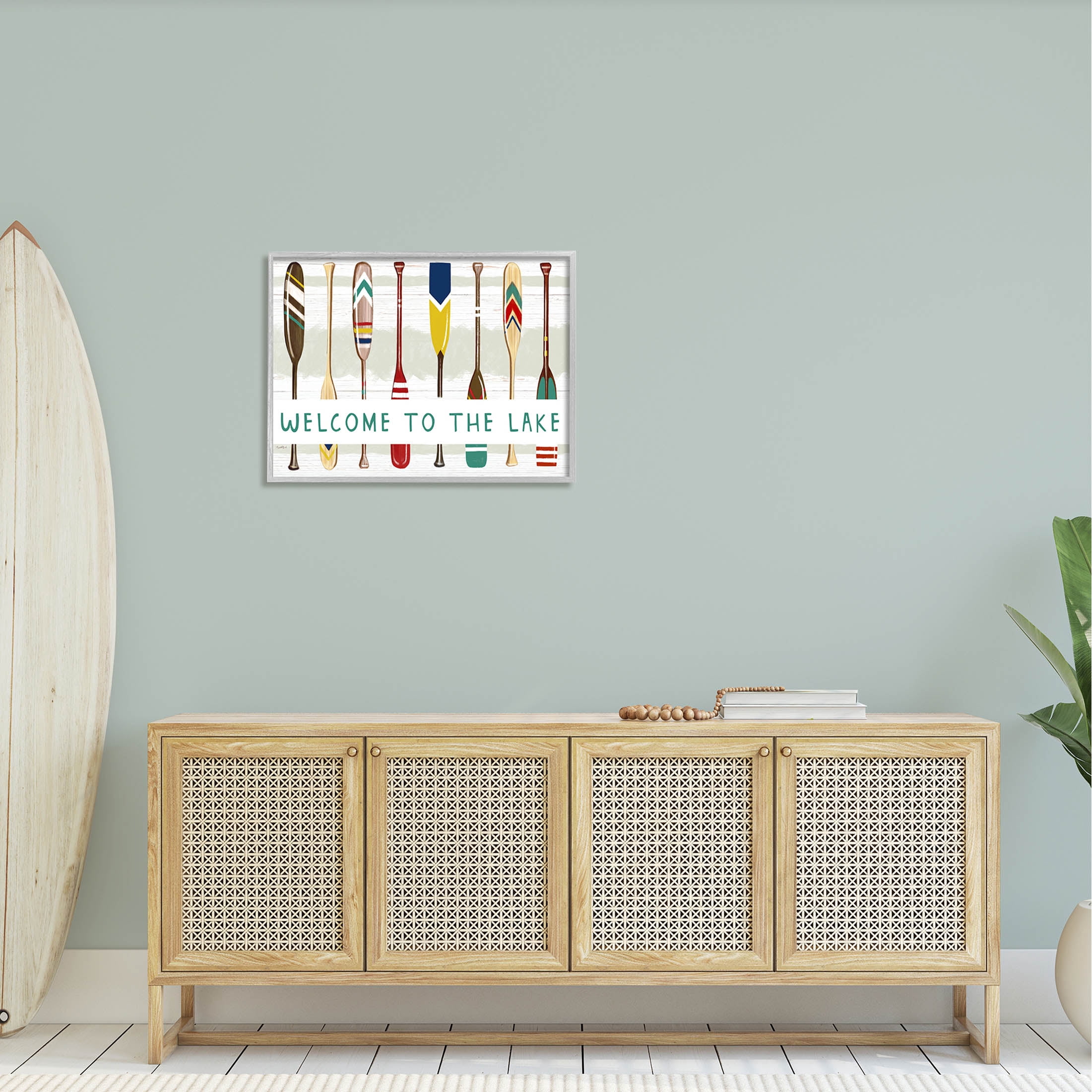 Stupell Industries Lake House Welcome Boat Paddles Graphic Art Gray Framed Art Print Wall Art, Design by Elizabeth Tyndall