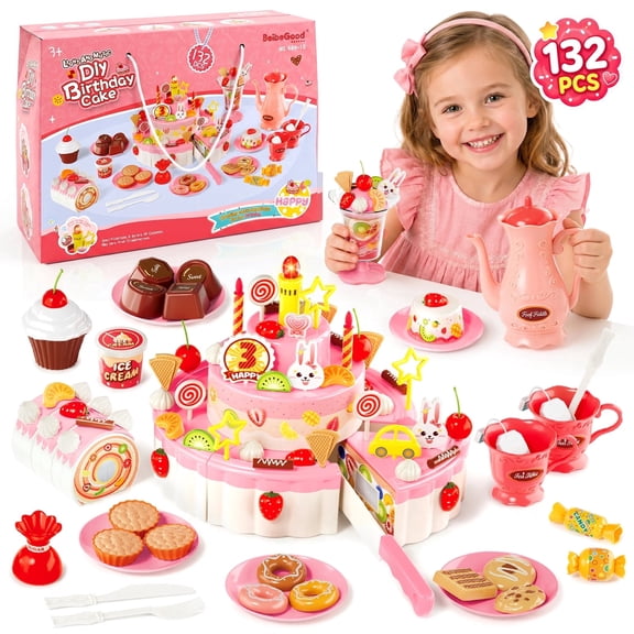 Funvip 132PCS Kids Birthday Cake DIY Pretend Play Food , Cuttable Fake Food Toy, Pink Kit for Girls 3 Christmas Birthday Gifts