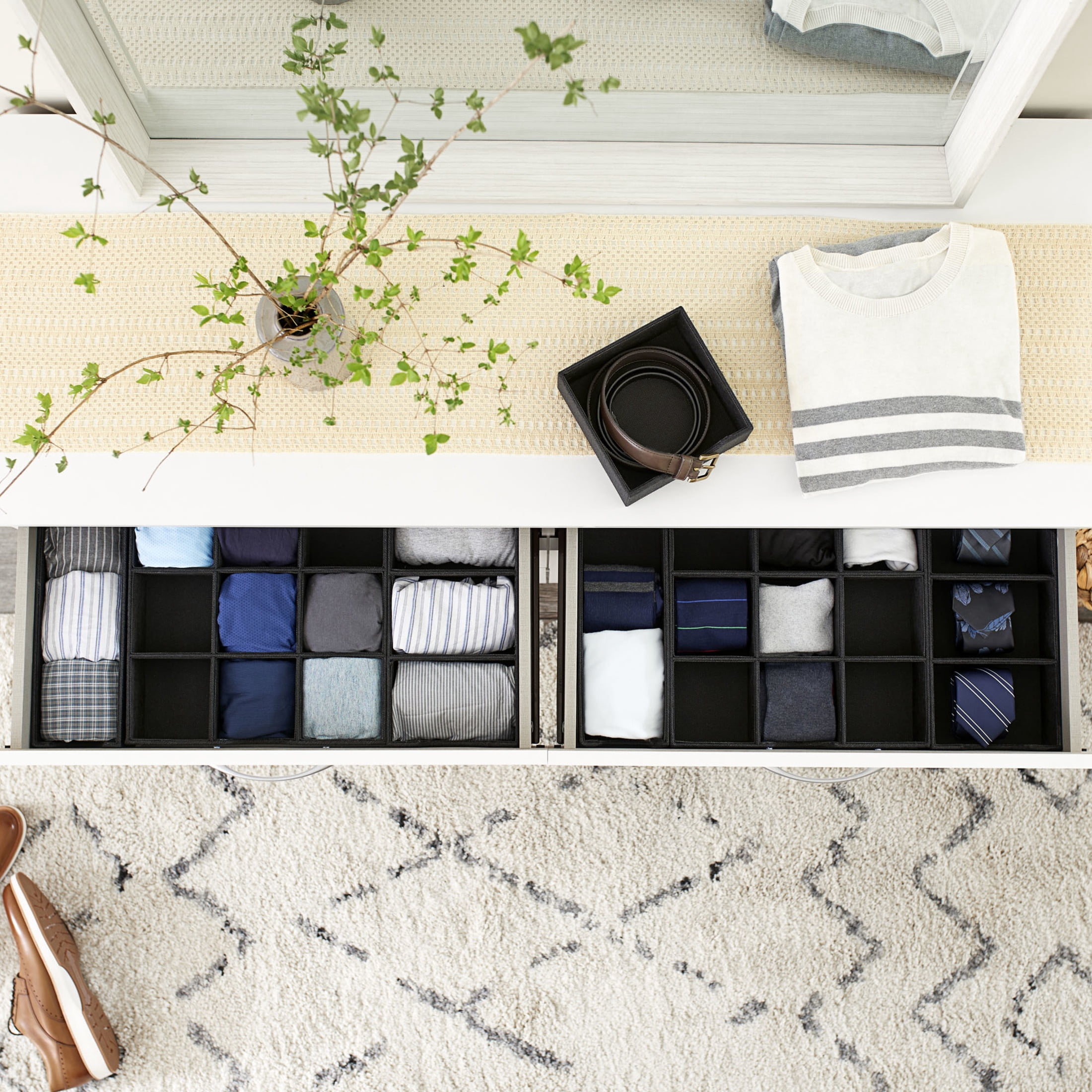 Household Essentials 9-Compartment Drawer Organizers, Pack of 2, Sturdy Chipboard With Soft Polyester Cover, Convenient and Stylish Storage Solution, 3” H x 12” W x 12” D, Black Linen