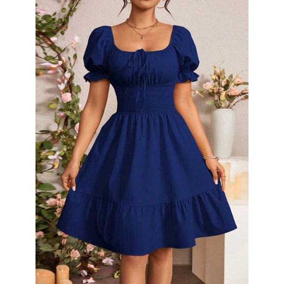 Navy Blue Square Neck Ruched Waist A-Line Dress With Puffed Sleeves And Tiered Hem