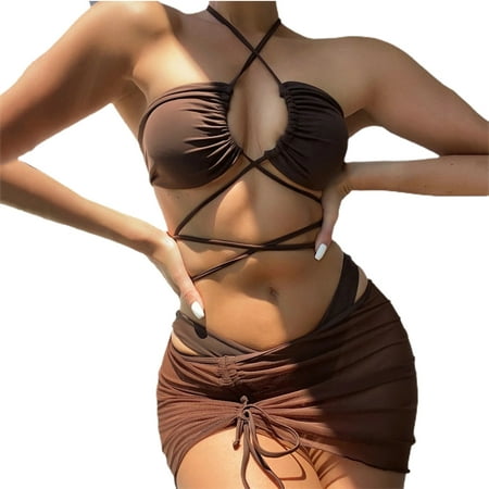 

Huam Bra Briefs Cover Up 3Pcs/Set Gathering Solid Color Chic Halter Bra Mid-rise Briefs Drawstring Cover Up Set