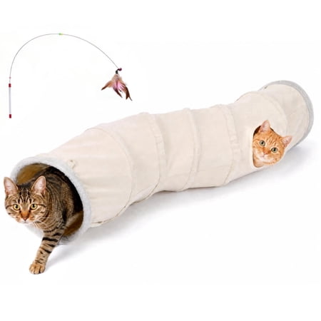 Ownpets 48" Long Collapsible Kitty Tunnel Cat Tube OxFord with Plush Ball & Feather Toy Beige