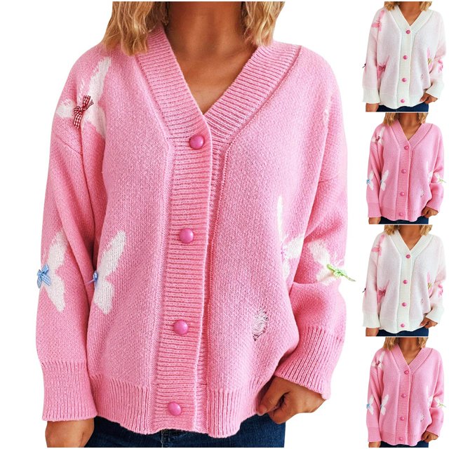 Sentmoon Light Weight Cardigan Women Oversized V Neck Long Sleeve Sweatshirt Women Button up with Pattern Loose Knitted Womens Fall Sweaters Winter for Work Appropriate Sweater White S