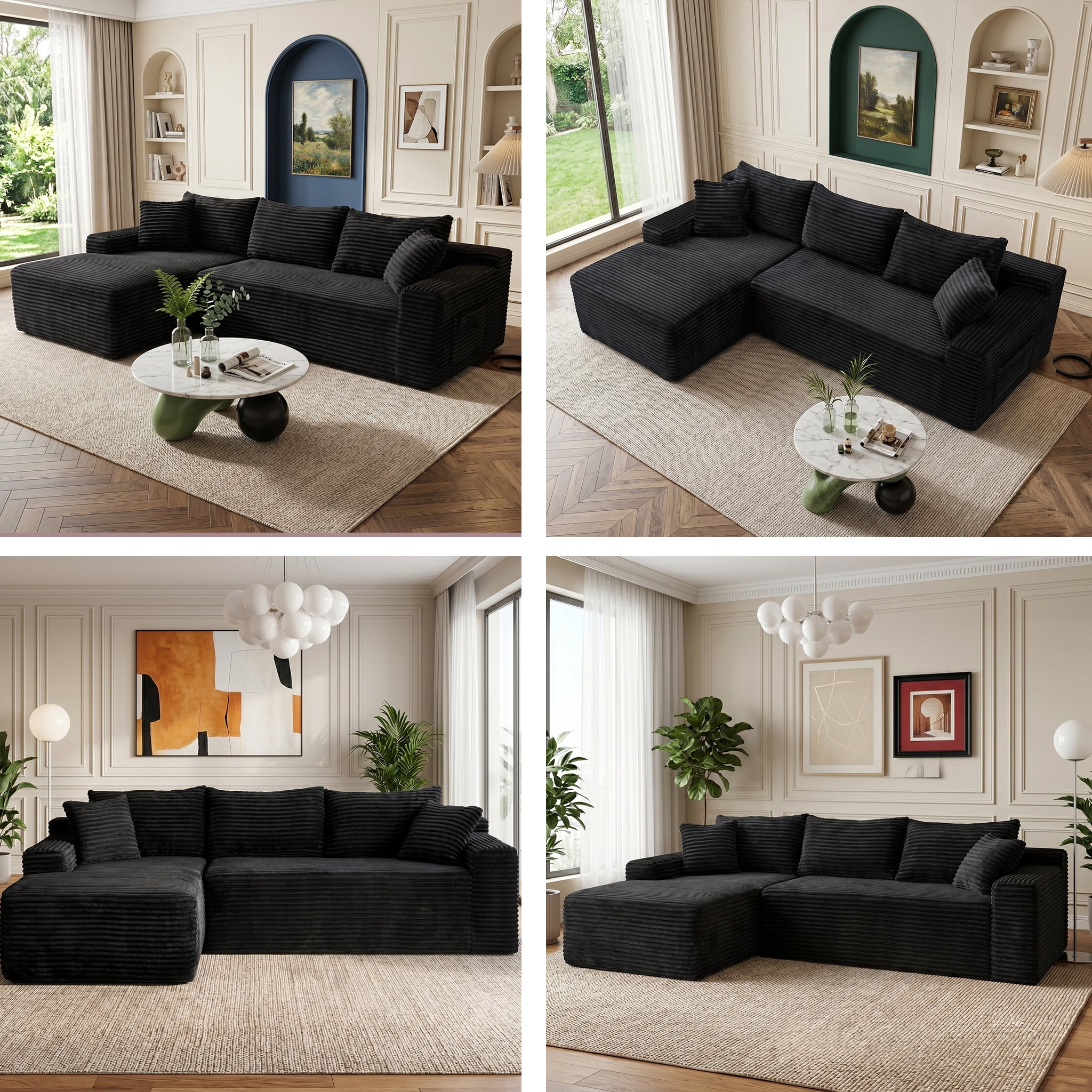 Xiweot 95" Cloud Sectional Sofa Deep Seat Boneless Couch L-Shaped Modular Couch, Modern Left Chaise Corduroy Upholstered Sofa with Side Pockets for Living Room, Black