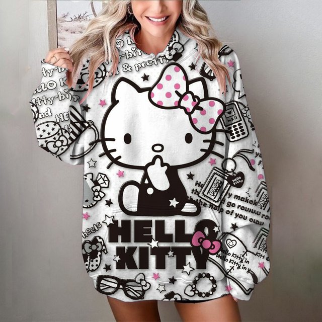 Automne Hiver Femmes Décontracté Mignon Hello Kitty Imprimé Manches Longues Chandail à Cordon Style Mignon Chandail à Capuche 2024