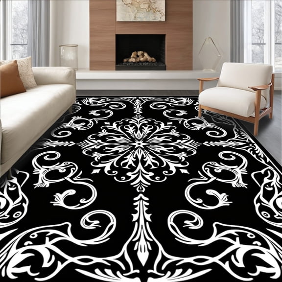 ODIKA 4'x6' Machine Washable Non-Slip Area Rug, Elegant Damask Scroll Heirloom High Traffic Rug, Black, 550220