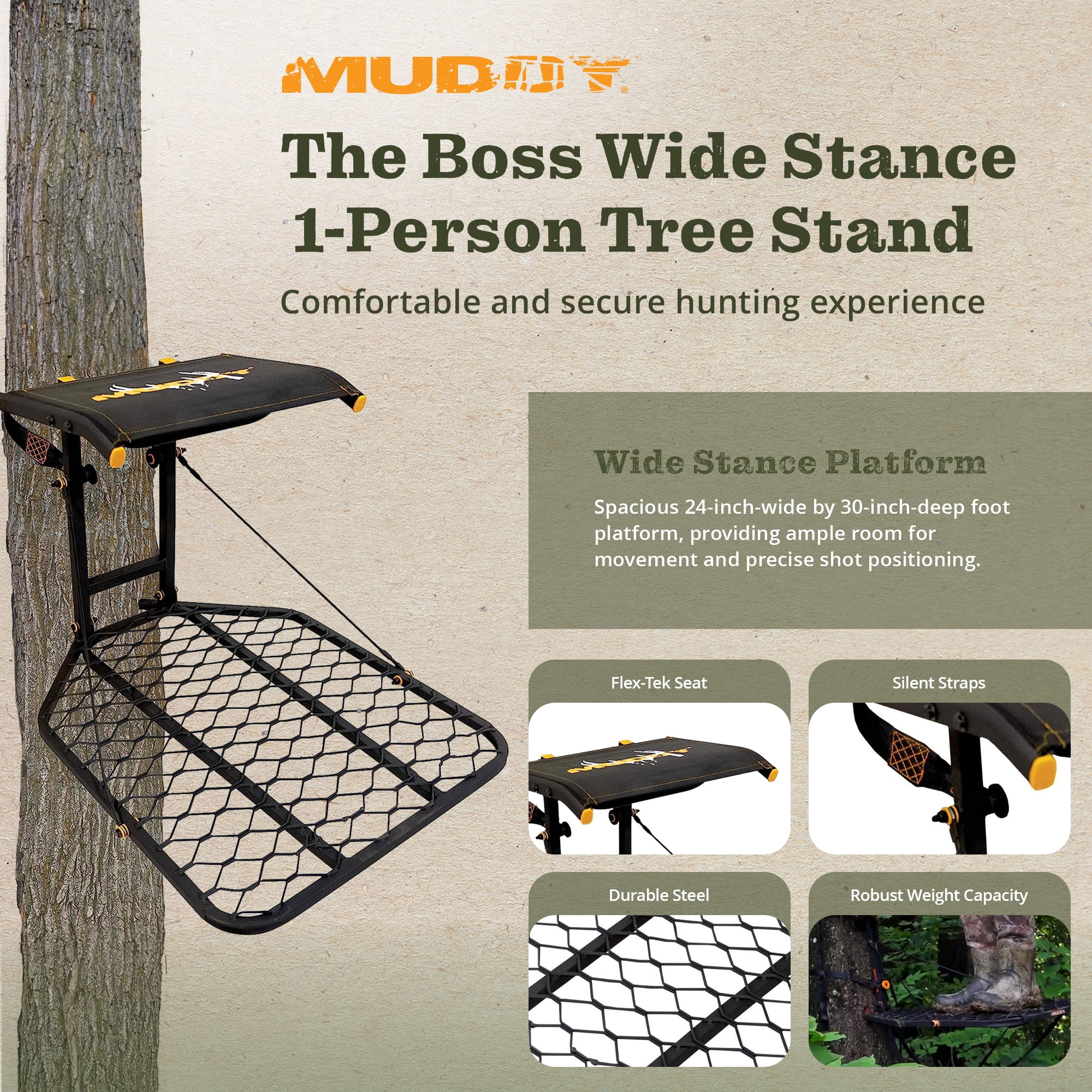 MUDDY Boss Hang-on Stand - Durable Steel Outdoor Hunting Silent Straps Tree Stand with Wide Stance Platform & Flip-Back Flex-Tek Seat, 300 Pound Maximum Capacity