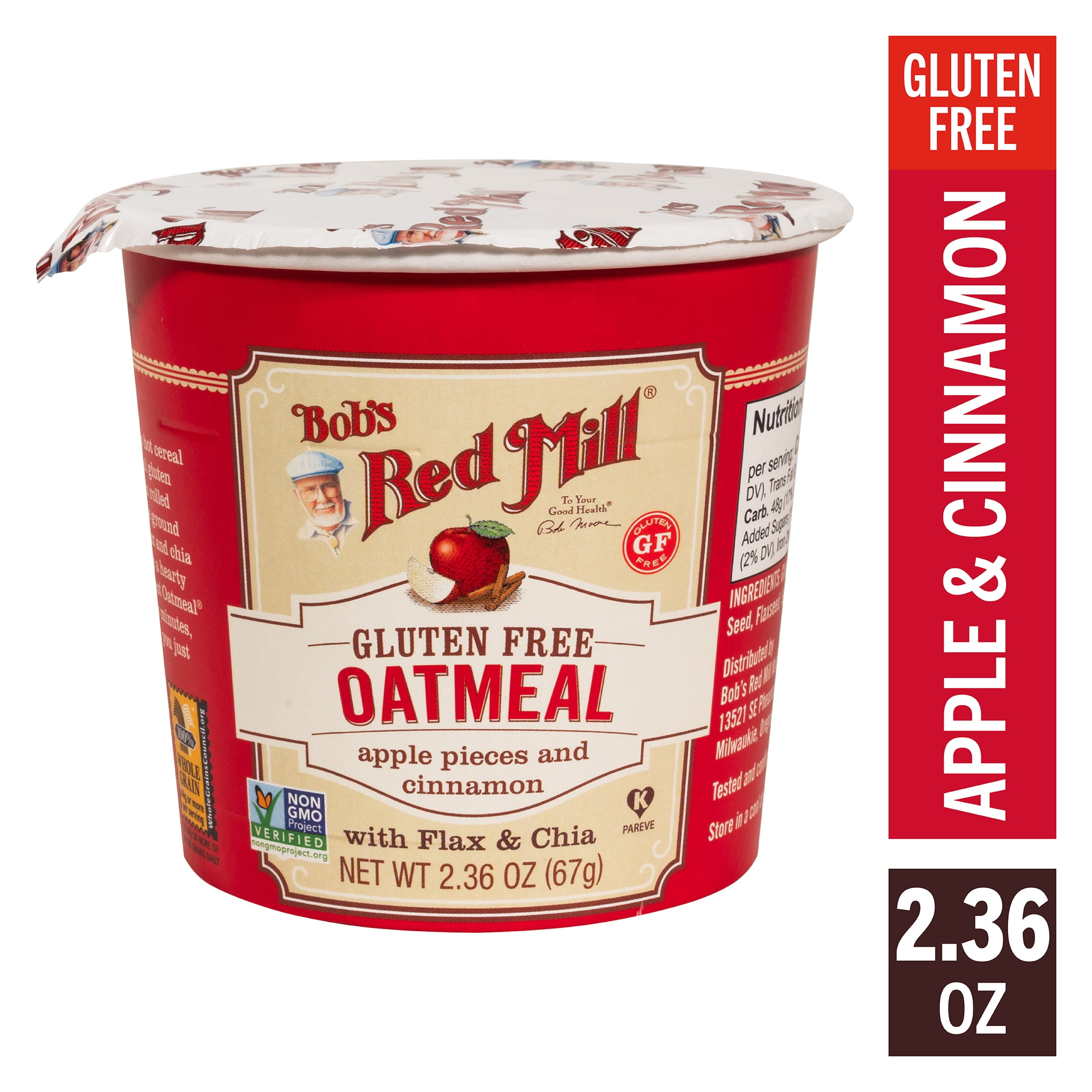(5 pack) Bob's Red Mill Non-GMO Gluten Free Apple Pieces and Cinnamon Oatmeal with Flax & Chia 2.36 oz Microwavable Cup