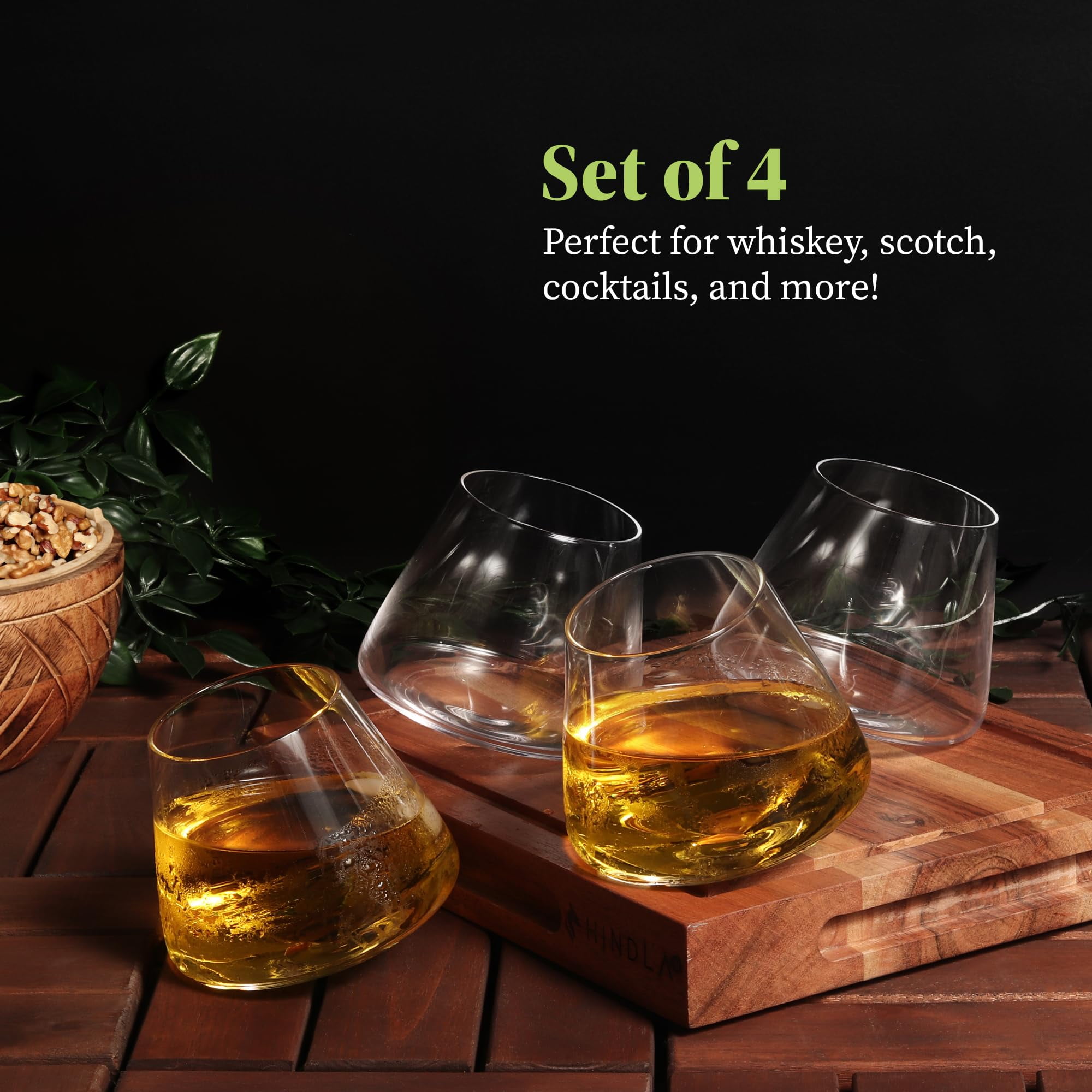 QUAFFER Tilted Whiskey Wine Glasses Tumblers Set of 4 – Naturally Aerates – No Spill Leaning Glass – Modern & Elegant - Old Fashioned Crystal Glass for Drinking Scotch Bourbon Cocktails Glassware
