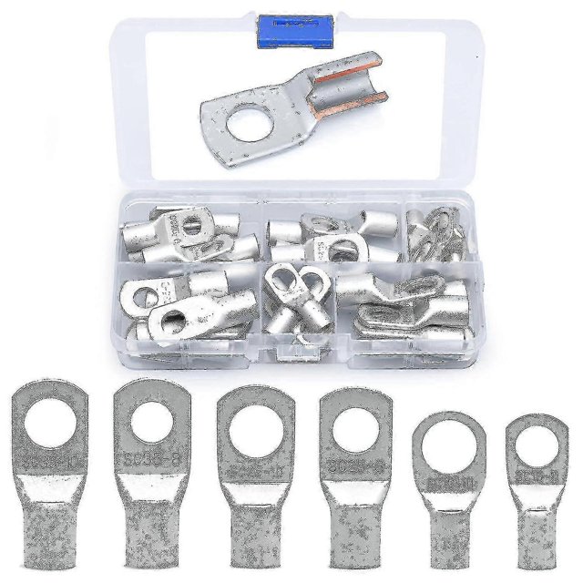 30 Pieces Round Tinned Copper Eyelet Electrical Terminals - Uninsulated Battery Cable Ends - Ring Eye Crimp Terminals - 16-35 Mm