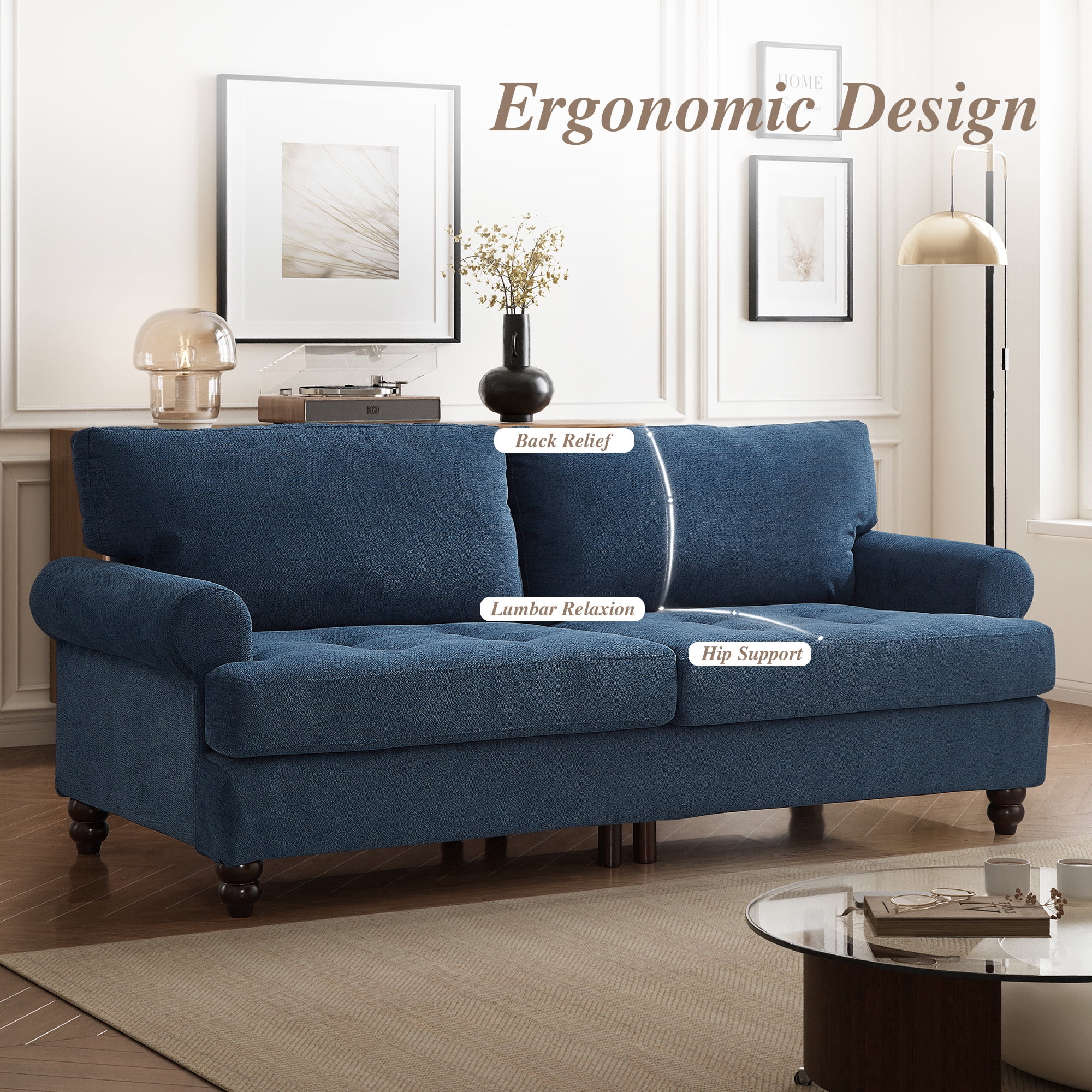 Me'on 81" Rolled Arm Sofa Couch with Storage, Mid Century Modern Decor Upholstered Couches for Living Room, Button Tufted Loveseat for Bedroom, Blue