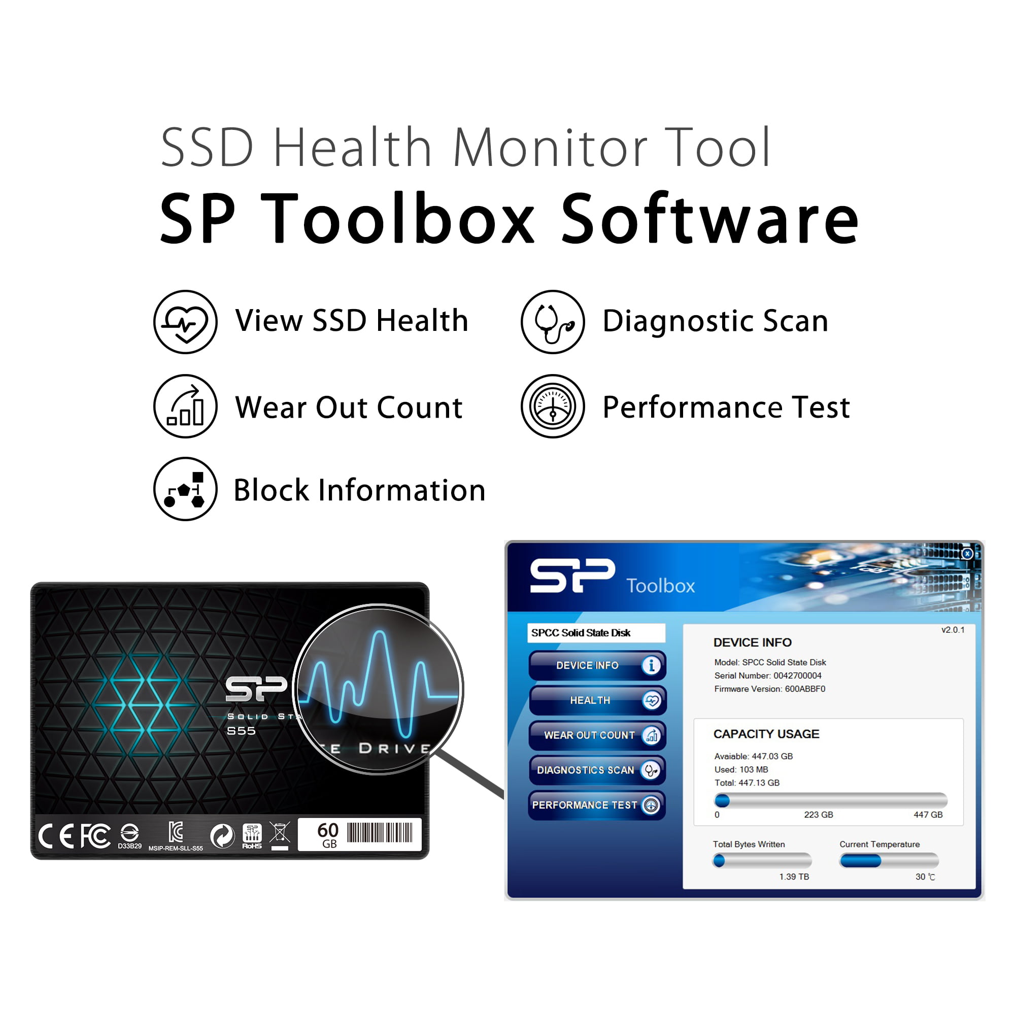 Silicon Power 60GB SSD S55 TLC SP060GBSS3S55S25 Internal Solid State Drive- Free-Download SSD Health Monitor Tool Included SLC Cache Performance Boost 0.28 SATA III 2.5 7mm