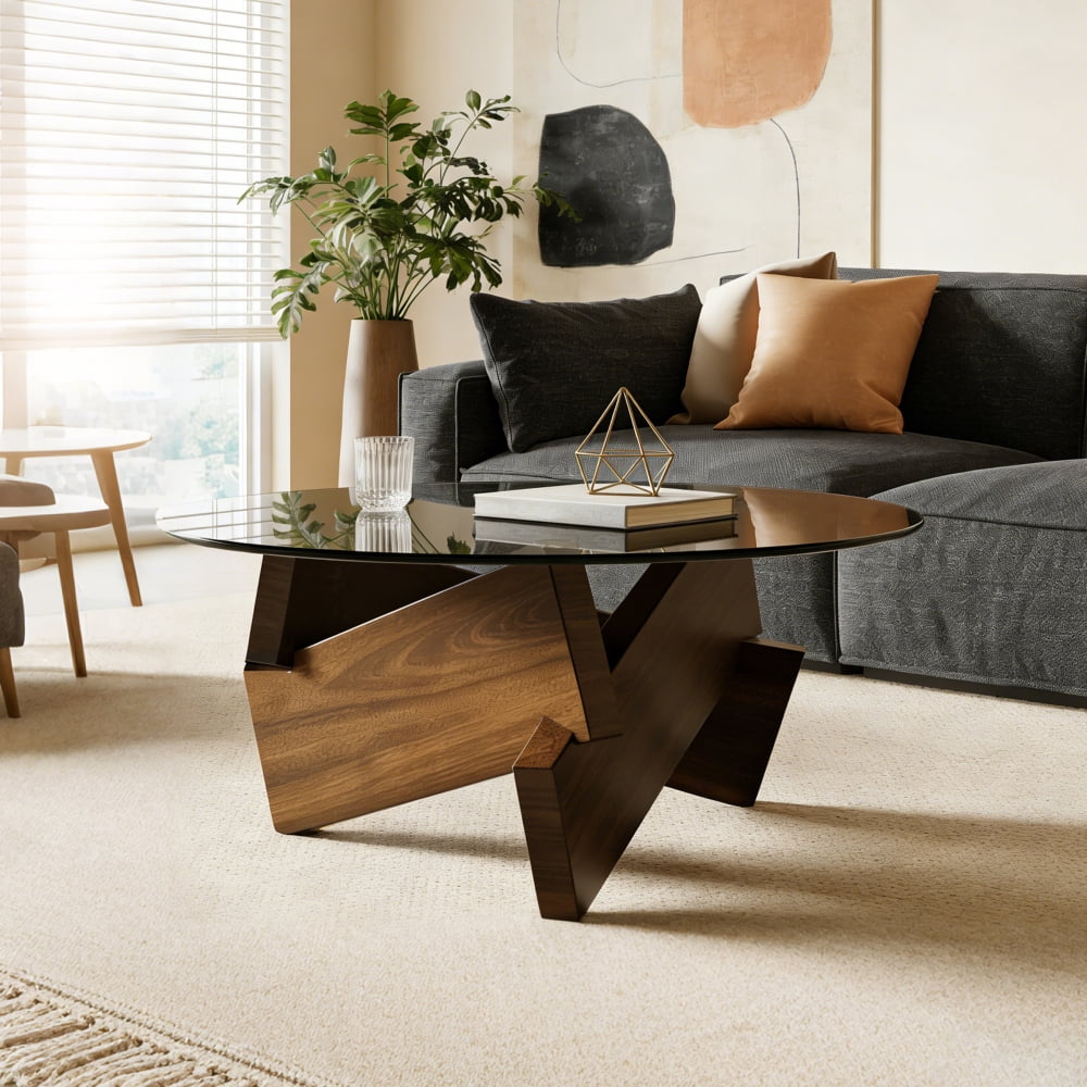 Modern Round Coffee Table for Living Room, 27.5" x 27.5" x 12.2" Mid Century Center Table with Tempered Glass Top and Wood, Walnut