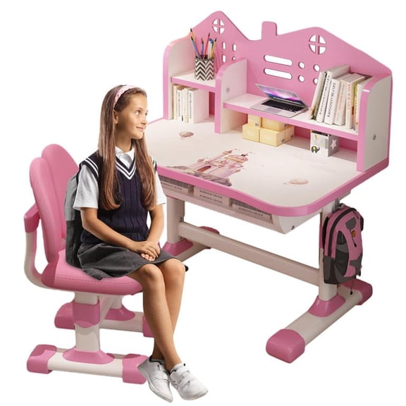 YNCE Kids Desk and Chair Set, Multi-Activity Toddler Table and Chair Set with Bookshelf,Height Adjustable Chair Desk for Kids, Storage Rack for Toddler Ages 3-12