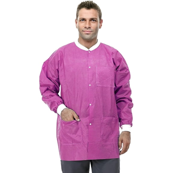 Disposable Lab Jackets, SMS Material, Hip Length, 3 Pockets, 50 Pack – Small, Pink