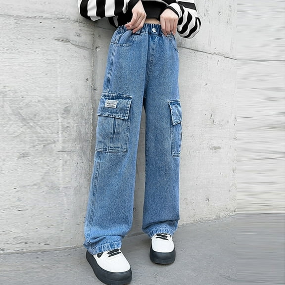 SNKSDGM Girls Pants Size 14-16 Wide Leg Girls Cargo Baggy Pants Elastic Waist Wide Leg Jeans Casual Demin Pants with Pockets 6-7 Years