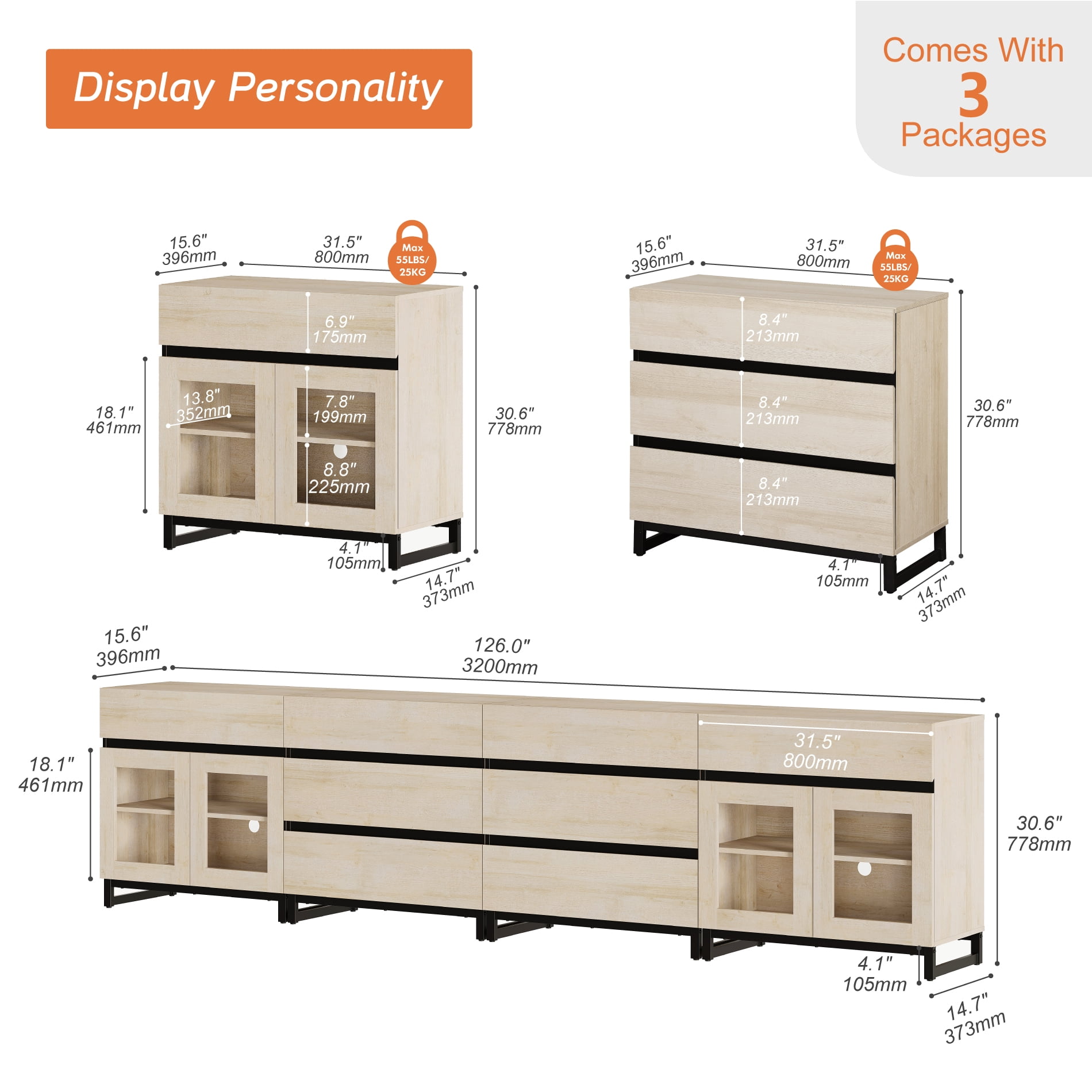 4-In-1 Storage Sideboard with Glass Doors, 8 Drawers and Adjustable Shelf, Sturdy Metal Base Buffet Cabinet for Kitchen Living Room,Beige