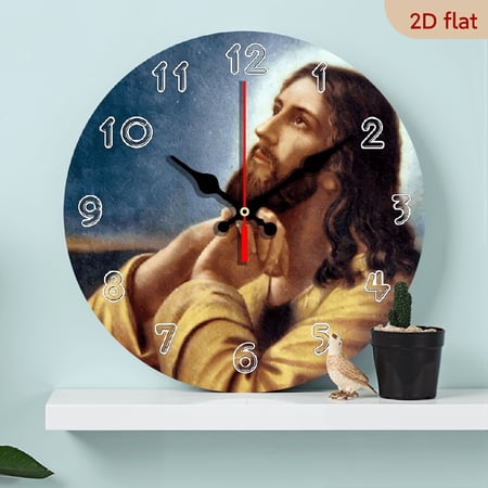 2D Flat, 10Inch Vintage Jesus Prayer Wall Clock - Silent, Non-Ticking Decorative Round Wooden Clock for Living Room, Bedroom, Office, Kitchen - Battery Operated (AA Battery Not Included), Living