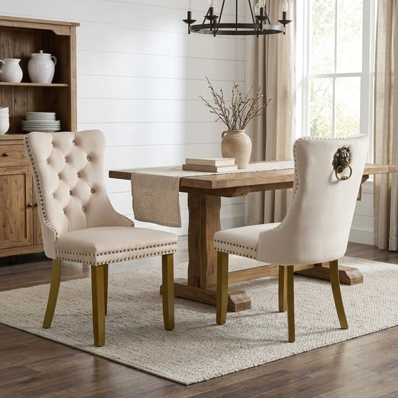 FFZ 37.4"Tall Mid-Century Modern Velvet Dining Chairs with Lion Head Pull Ring, Golden Legs, Beige