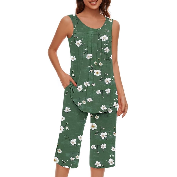 Conjunto de Ropa de Estar de Mujer Cuello Redondo Impresión Blusa sin Mangas Pantalones Cortos, Pantalones de Cintura Elástica para las Mujeres