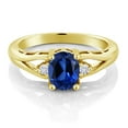 thumbnail image 2 of Gem Stone King 18K Yellow Gold Plated Silver Blue Created Sapphire and White Moissanite 3 Stone Engagement Ring for Women | 1.68 Cttw | Oval 8X6MM | Round 2MM | Gemstone September Birthstone | Size 9, 2 of 5