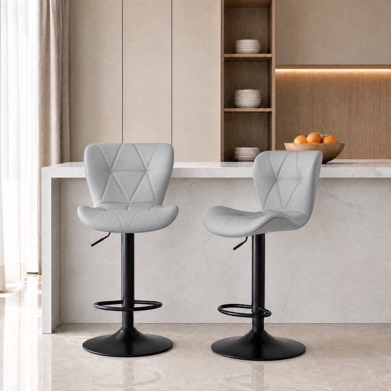 Kelno Swivel Bar Stools Set of 2 Adjustable Height PU Leather Seat with Backrest 360° Swivel for Kitchen Island, Gray