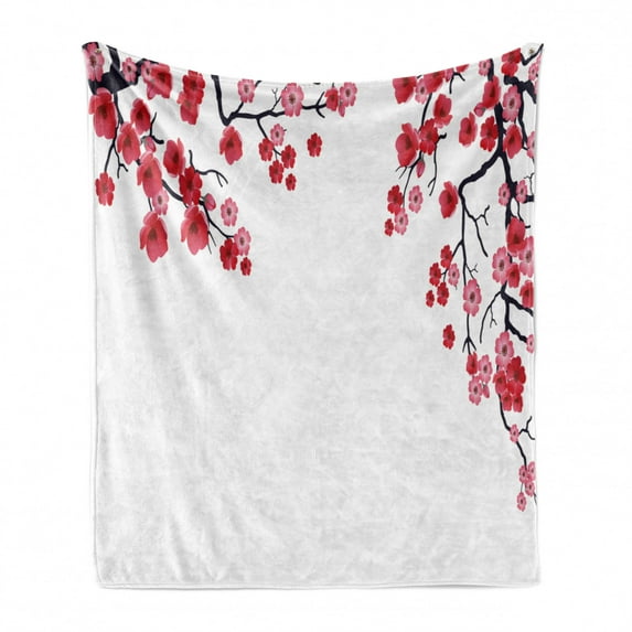 Floral Soft Flannel Fleece Blanket, Illustration of Flowering Branch Sakura Traditional Floral Artwork Print, Cozy Plush for Indoor and Outdoor Use, 50" x 70", Pink White Dark Purple, by Ambesonne