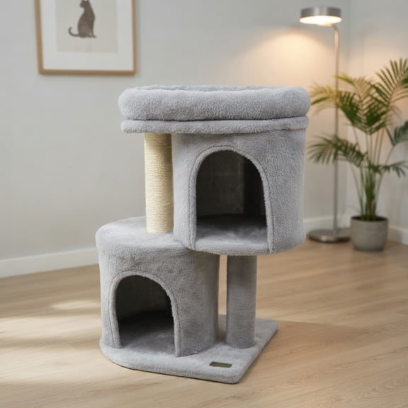 GVN 26 Inch Cat Tree Tower, Cat Tree with Large Padded Push Perch and Dual Condos, Cat Scratchers for Indoor Cats, Light Gray