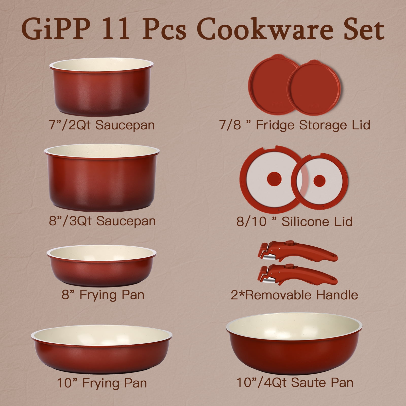Gipp 11pcs Ceramic Cookware Sets, Pots and Pans Set Non Stick with Removable Handle, Oven & Dishwasher Safe,Induction Cookware, Kitchen Cooking Set for RV Trips and Camping,Red