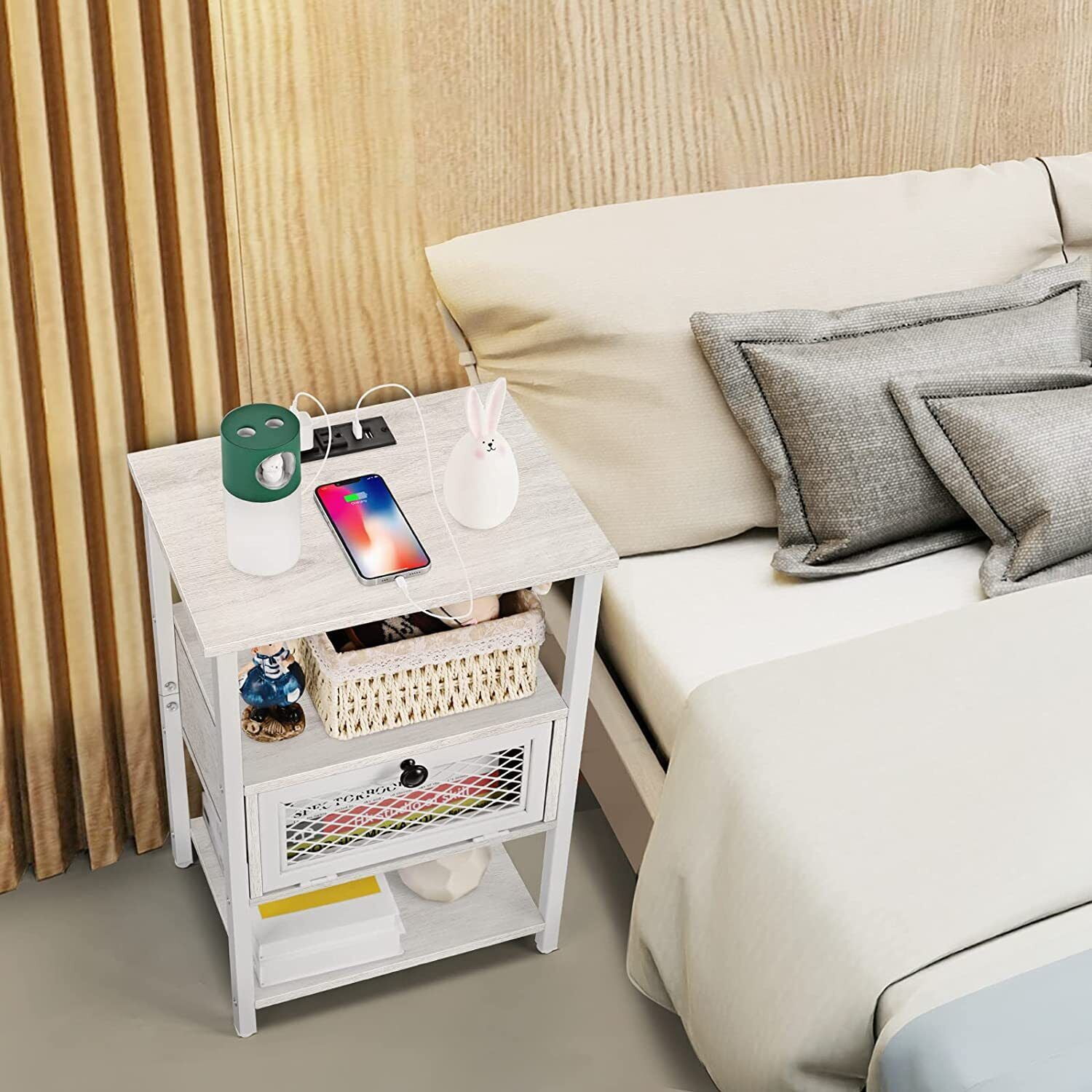 Sofa Side End Table Nightstand USB Ports & Outlets for Living Room