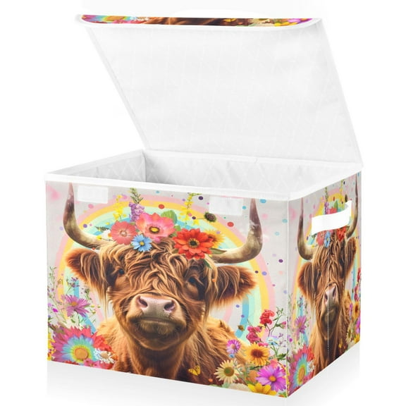 Ryvnso Highland Cow Flowers Rainbow Large Lidded Foldable Storage Baskets Cubes Boxes Lids Bin for Home