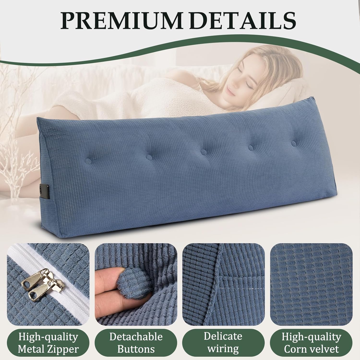 Soft Headboard Pillow Queen Size, Wall Backrest Wedge Pillow Headboard Queen, Reading Backboard Pillows, Large Dorm Daybed Bolster Pillows for Back Support with Removable Cover, Blue