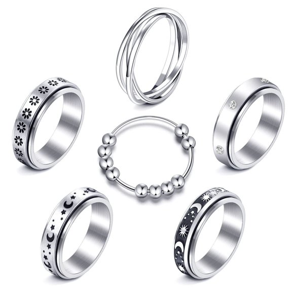 6Pcs Anti Anxiety Spinner Fidget Ring Stainless Steel Rotate Band for Men Women