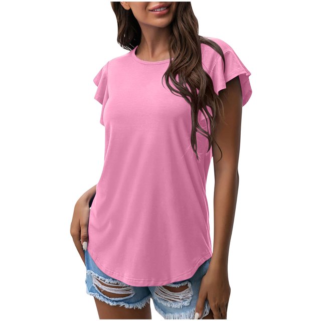 Mujeres Casual cuello redondo manga corta Puff Color sólido pulóver blusa camiseta Tops ajuste holgado OAVQHLG3B Store lin121212